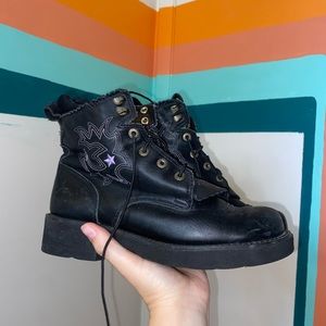 ARIAT black leather motorcycle boots purple design stitching